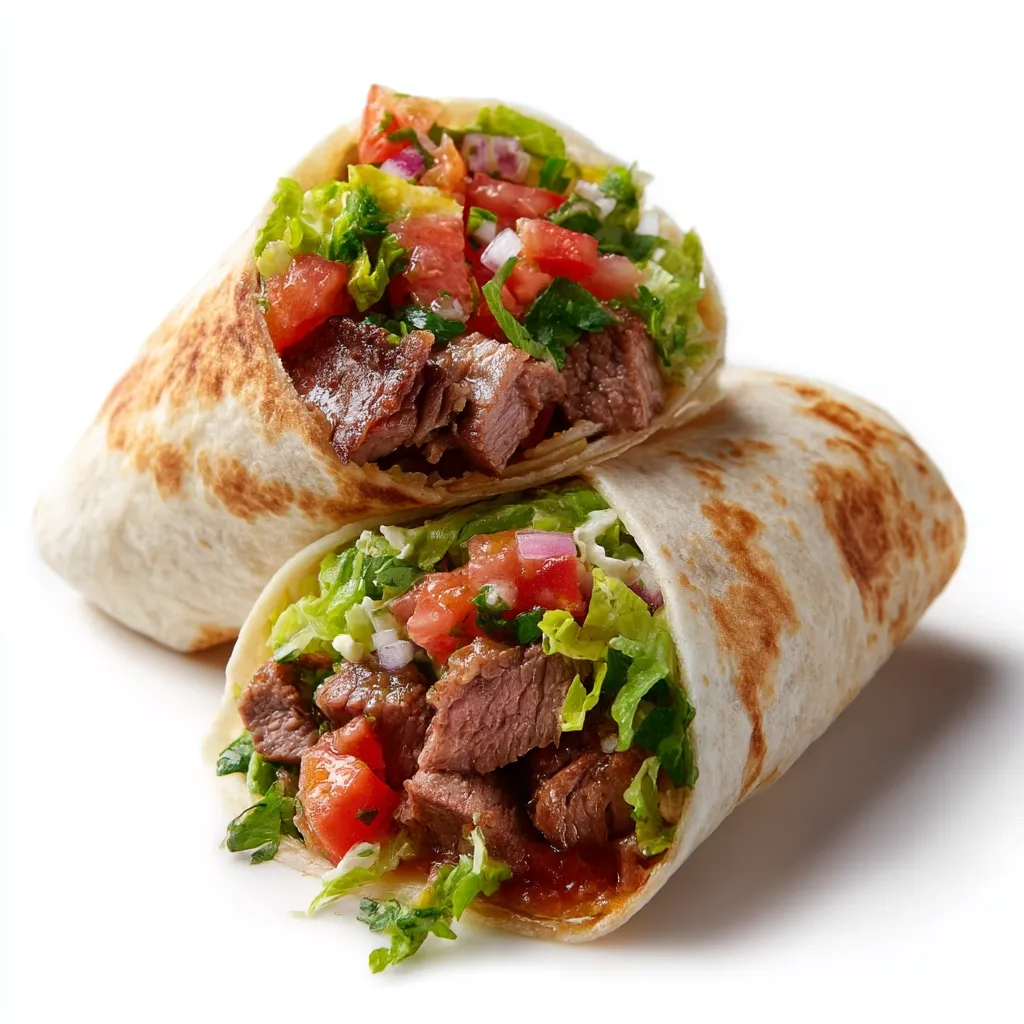 Two delicious steak burritos are shown, cut open to reveal their fillings.  The burritos are filled with grilled steak, lettuce, tomatoes, onions, and a vibrant cilantro-lime dressing.  The warm tortillas are slightly browned, showcasing a perfectly cooked texture.  The image is set against a clean white background, highlighting the vibrant colors and fresh ingredients of the burritos.