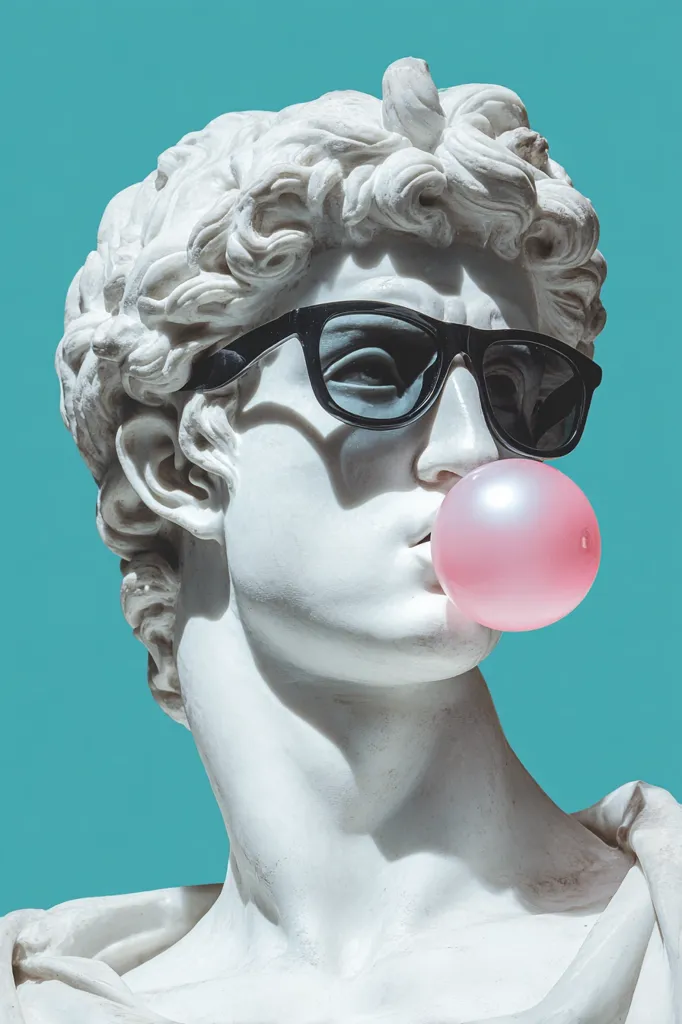 A classical bust of a young man, possibly inspired by ancient Greek sculpture, is depicted wearing modern black sunglasses and blowing a large pink bubble of bubblegum.  The contrast between the antique sculpture and contemporary elements creates a striking, surreal image against a teal background.  The juxtaposition highlights a playful clash of eras and styles.