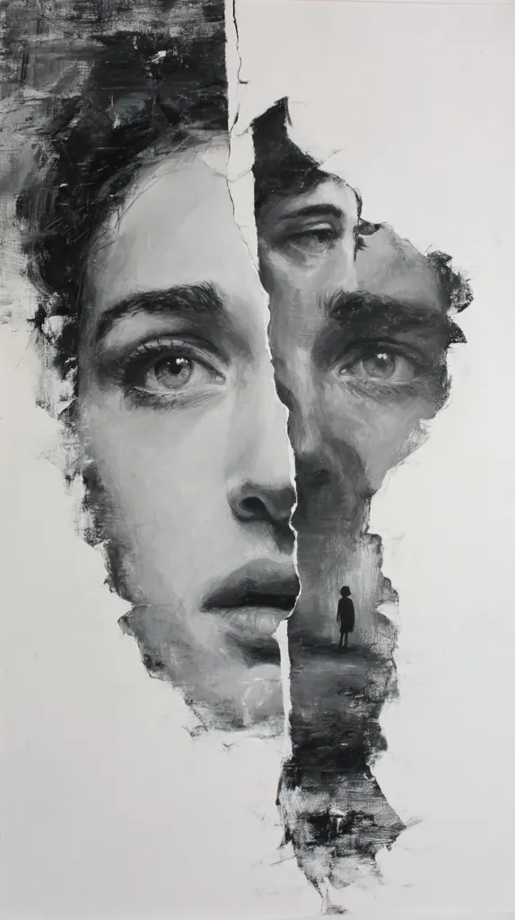A monochromatic painting depicts two faces, a woman's and a man's, seemingly split and fractured.  Their features blend where the canvas is torn, creating a sense of unity and fragmentation. A small, solitary figure is visible in the background, adding to the melancholic and introspective atmosphere of the artwork. The use of black and white enhances the emotional depth and drama.