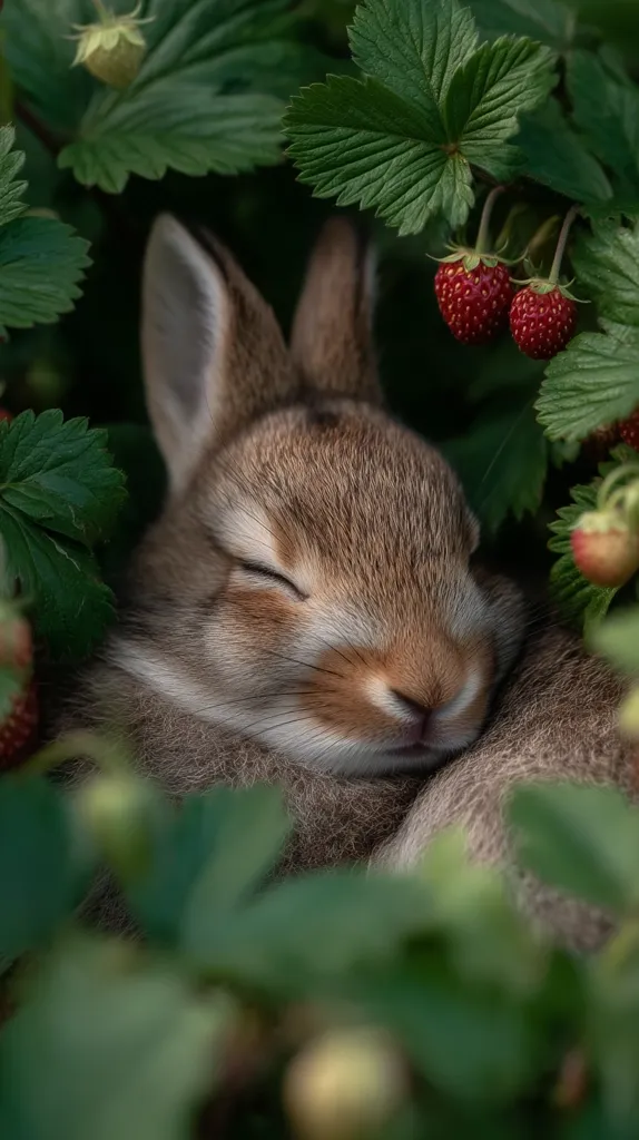 A brown bunny rabbit sleeps peacefully nestled amongst lush green strawberry plants.  Its eyes are closed, and its fur appears soft.  Ripe red strawberries are visible near the sleeping rabbit, adding a touch of vibrant color to the scene.  The overall image evokes a feeling of tranquility and the beauty of nature.