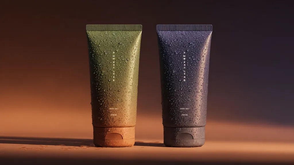 Two tubes of skincare product are displayed against a warm brown backdrop.  The tubes, one olive green and the other dark gray, are covered in water droplets, suggesting a refreshing quality.  Minimalist branding is subtly visible on each tube.  The overall aesthetic is clean, modern, and luxurious.