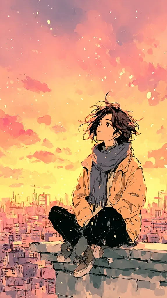 A young woman with short brown hair sits on a rooftop, gazing at a breathtaking sunset over a sprawling city.  She's bundled in a mustard-yellow jacket and a purple scarf, her posture contemplative.  The artwork is in a painterly style, with soft, warm colors dominating the scene, conveying a feeling of peace and quiet contemplation.  Tiny specks of light suggest falling snow or dust motes in the vibrant sky.