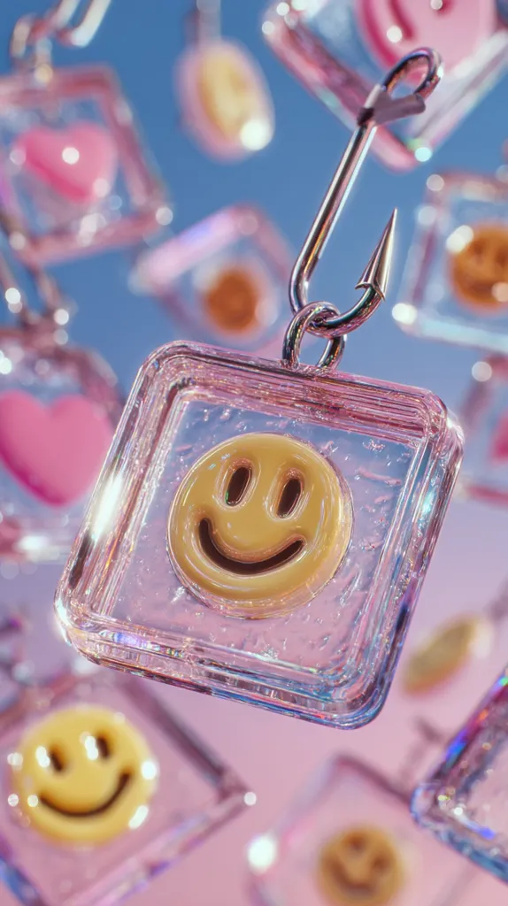 A close-up shot reveals numerous translucent pink square pendants, each containing a smiling face or heart.  The pendants hang from silver hooks against a blurred blue backdrop.  One pendant, prominently featured, showcases a cheerful yellow smiley face encased in a textured, glossy square. The overall aesthetic is playful and vibrant, with a dreamy, slightly surreal quality.