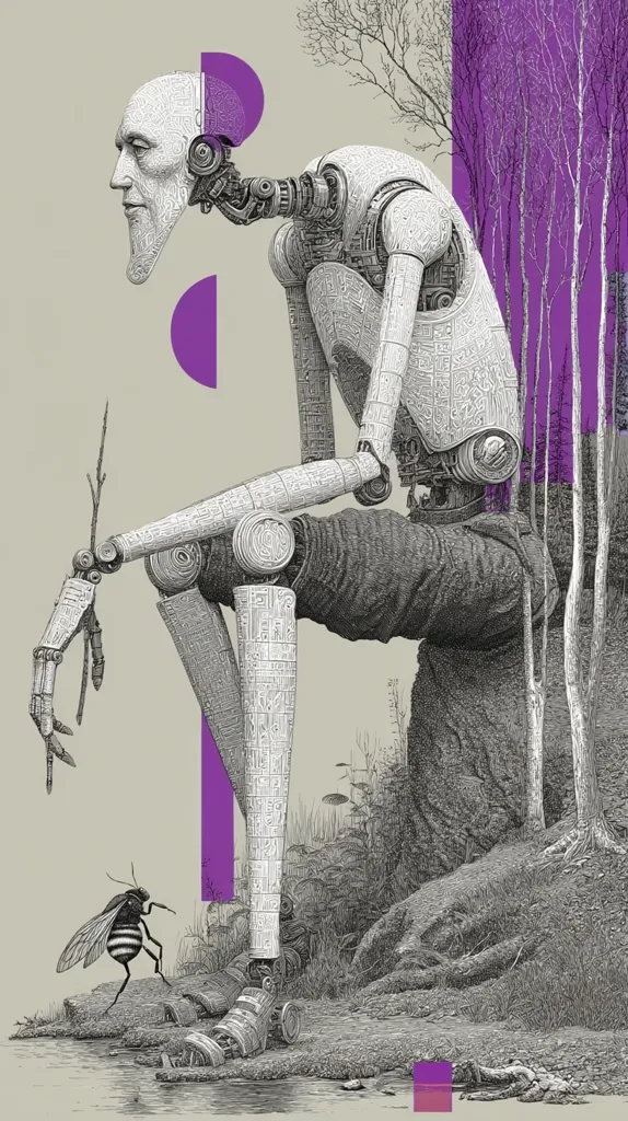 A detailed ink drawing depicts a contemplative, robotic figure with a human-like face, seated by a stream. Its mechanical body is intricately detailed, resembling clockwork.  The robot holds a small twig, appearing melancholic. A bee is nearby, contrasting the mechanical with the natural world.  Purple geometric shapes are incorporated into the background, adding a surreal element to the scene.  The overall style is reminiscent of steampunk or art nouveau.
