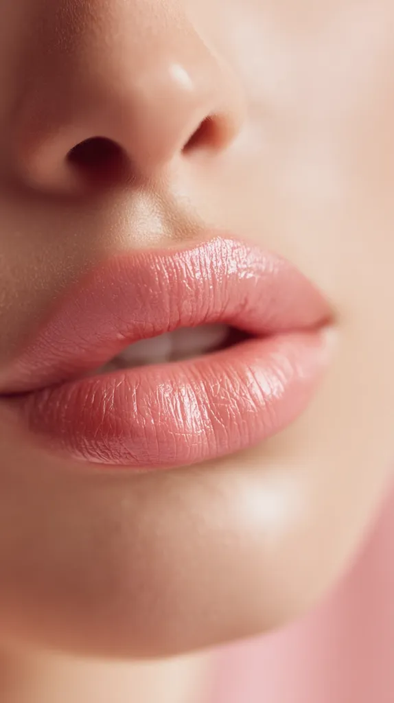 Close-up view of a woman's mouth and nose.  Her lips are full and softly colored with a light pink lipstick. The skin appears smooth and flawless, with a natural, healthy glow. The overall impression is one of beauty and well-maintained skincare. The background is a soft, out-of-focus pink.