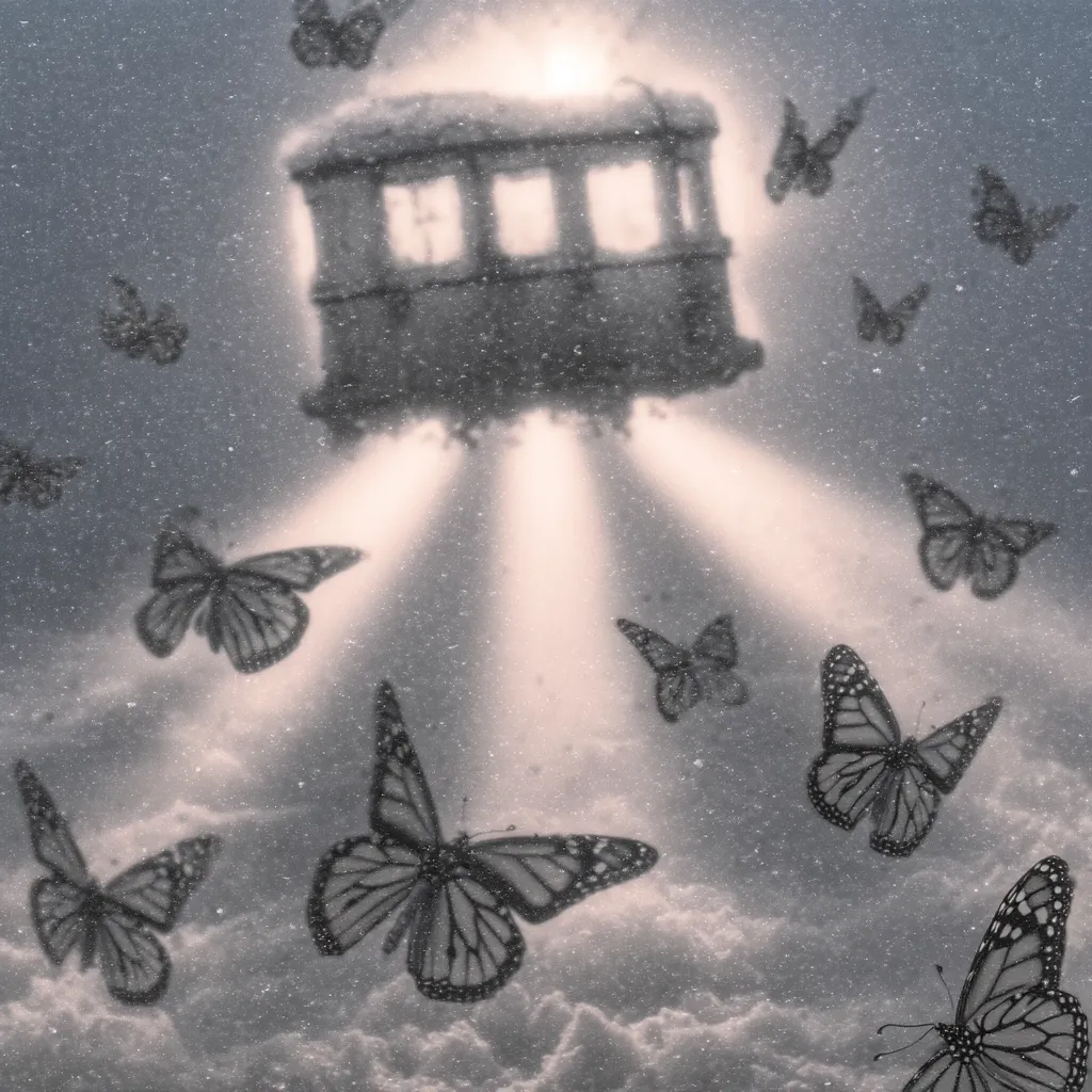 A surreal image depicts a small, antiquated structure, resembling a train car or booth, suspended in a cloudy, ethereal sky.  Numerous monarch butterflies flutter around it, illuminated by a soft, radiant light emanating from beneath the structure. The overall tone is dreamlike and melancholic, with a muted color palette emphasizing the mystical atmosphere.  Snow or dust particles add to the hazy, otherworldly effect.