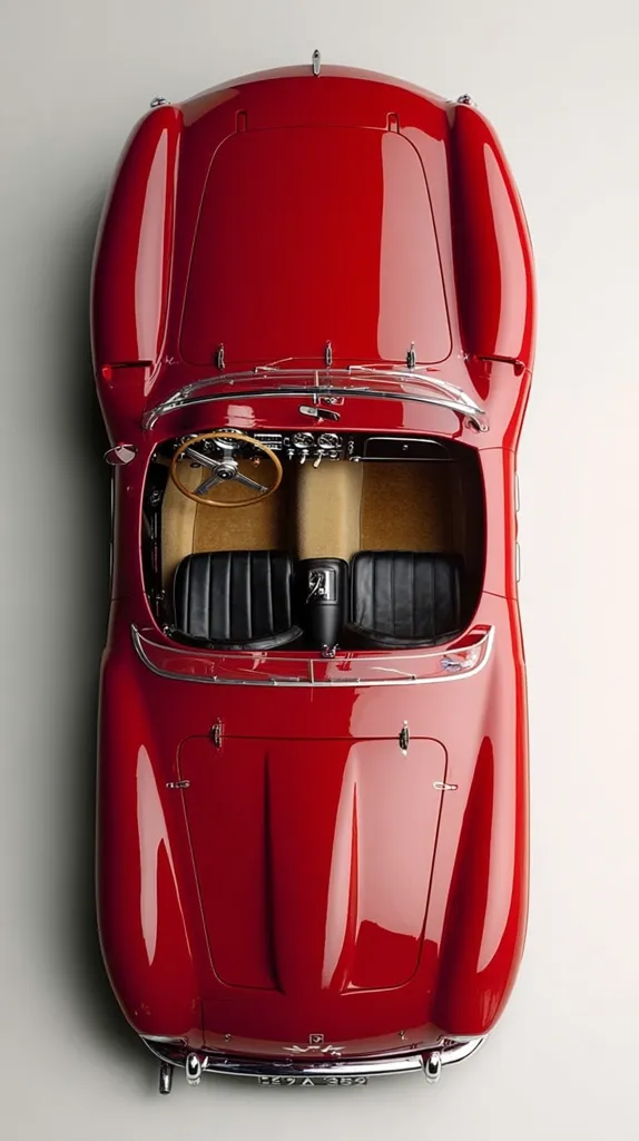 A vibrant red classic sports car is captured from a bird's-eye view.  The glossy paint shines, highlighting its sleek curves and design.  The interior, visible through the open top, features tan leather seats and a wooden steering wheel, adding to its vintage charm. The license plate is partially visible at the bottom. The overall image exudes elegance and timeless automotive design.