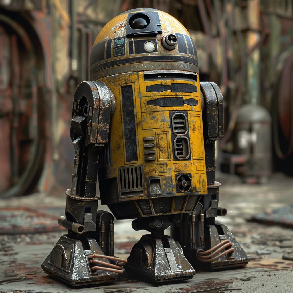 A weathered, yellow and black astromech droid, reminiscent of R2-D2, stands in a rusty, industrial setting.  Its paint is chipped and worn, showing signs of extensive use and age.  The droid's metallic body is detailed with various panels and pipes, suggesting a complex internal mechanism.  The background is blurred, focusing attention on the droid's aged condition and robust design.