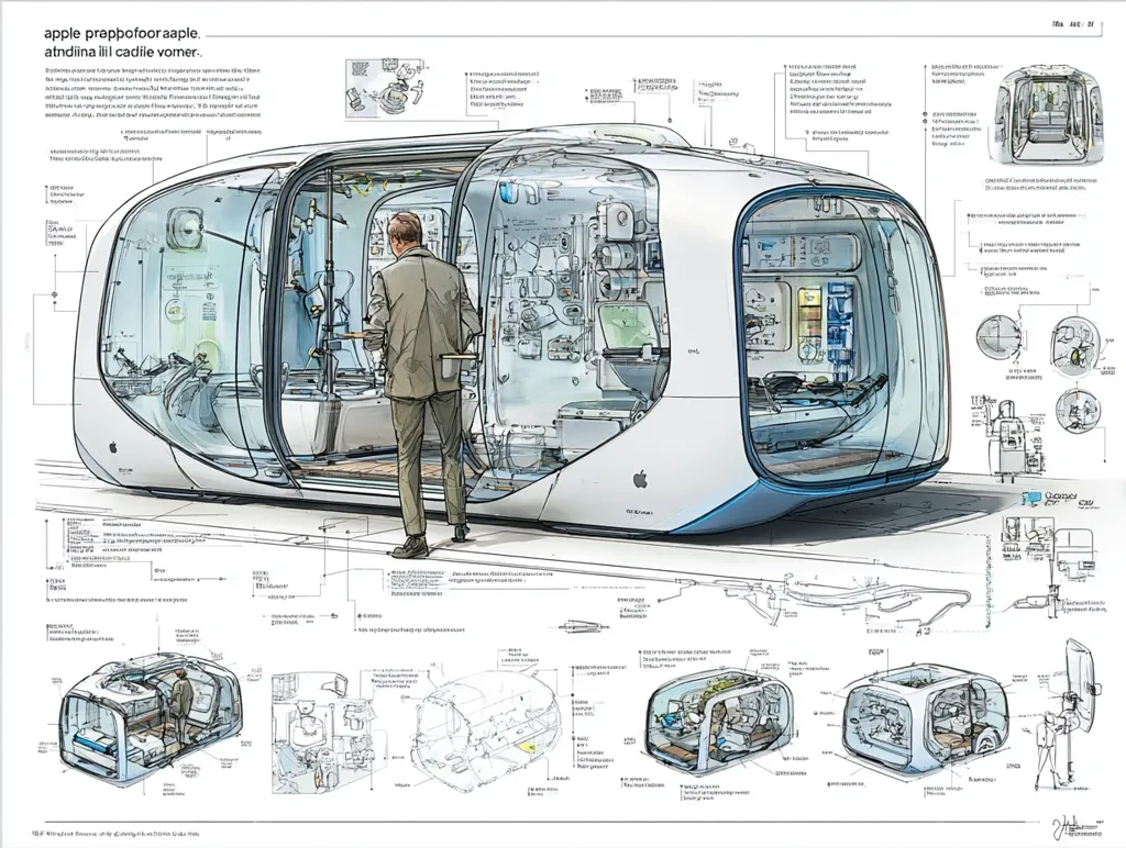 A detailed technical drawing showcases a futuristic, transparent medical pod.  The design includes cutaway views revealing internal medical equipment and a passenger.  Accompanying diagrams and annotations illustrate various components and systems.  The pod’s sleek, streamlined exterior suggests a mobile medical unit, possibly for emergency response or transport.  The overall aesthetic blends advanced technology with a clean, minimalist design.