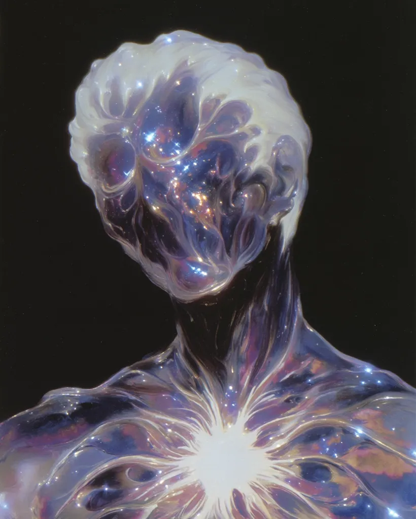A surreal image depicts a translucent, iridescent humanoid figure.  Its head resembles a melting skull, with a glowing, otherworldly luminescence emanating from its chest. The body's texture is fluid and amorphous, suggesting a transformation or ethereal state.  The dark background emphasizes the figure's otherworldly qualities, creating a mysterious and captivating visual.