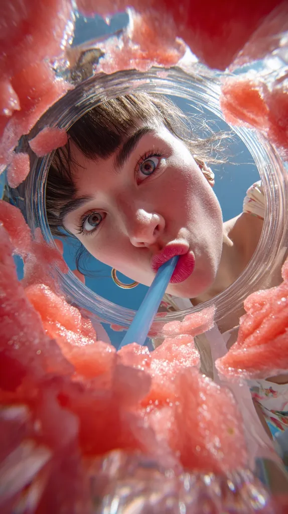 A close-up shot from inside a large cup of pink slush. A young woman with dark bangs drinks through a blue straw. Her face is partially visible, her expression one of enjoyment. The slush is vibrant and textured, filling the frame.  The image has a playful, slightly surreal quality due to the perspective.