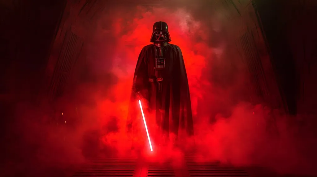 Darth Vader stands in a dimly lit, smoky environment bathed in ominous red light.  He holds his ignited red lightsaber, a symbol of his power and the dark side of the Force. The scene is dramatic and evokes the atmosphere of a Star Wars film, emphasizing the imposing figure of the iconic villain.  The red smoke creates a visually striking and foreboding atmosphere.