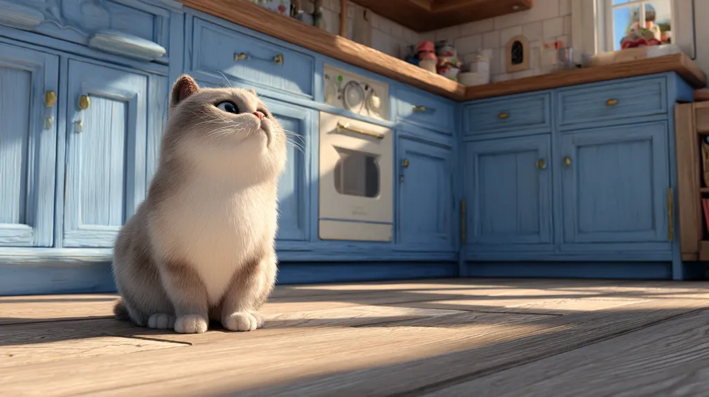 A fluffy, light gray and white kitten sits on a hardwood floor in a sunlit kitchen.  The kitchen features light blue cabinets, a vintage-style oven, and wooden countertops. The cat looks upward, seemingly curious or alert.  Warm sunlight streams through a window, casting shadows on the floor. The overall scene is peaceful and domestic.