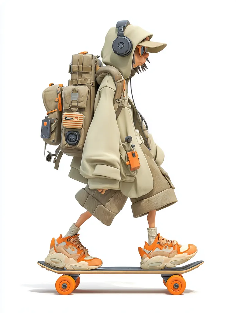 A stylized 3D rendering depicts a cartoon character skateboarding.  The character wears oversized beige clothing, headphones, sunglasses, and chunky orange sneakers.  A large, multi-pocketed backpack is strapped to their back.  The skateboard is simple, with bright orange wheels. The overall style is trendy and urban, with a focus on bold colors and textures.