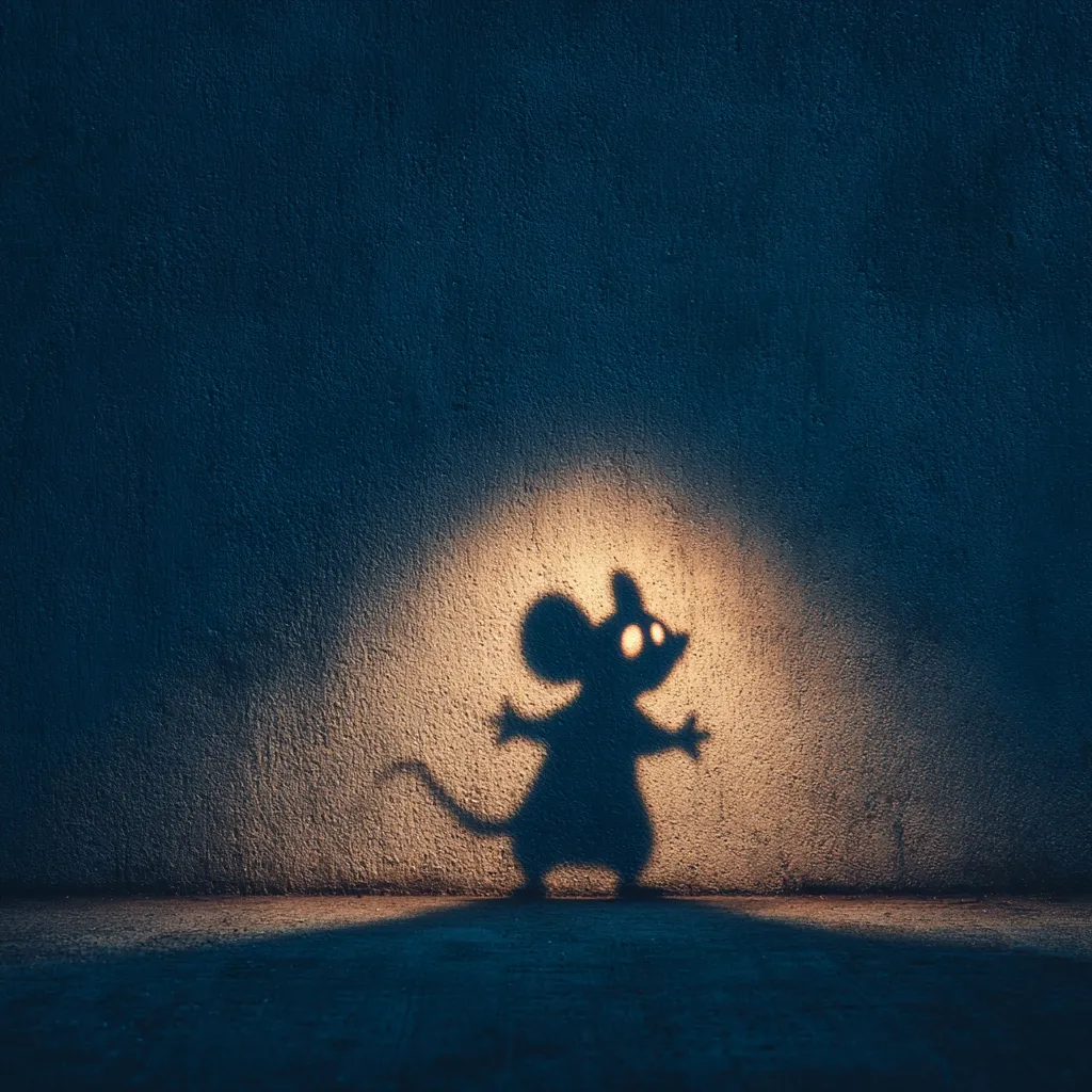 A whimsical shadow of a mouse is cast on a textured wall, illuminated by a warm light from below.  The dark blue wall contrasts sharply with the bright, cartoonish mouse silhouette.  The image evokes a sense of playfulness and mystery, suggesting a nighttime scene. The mouse's shadow appears to be dancing or playing, adding a touch of whimsy to the scene.