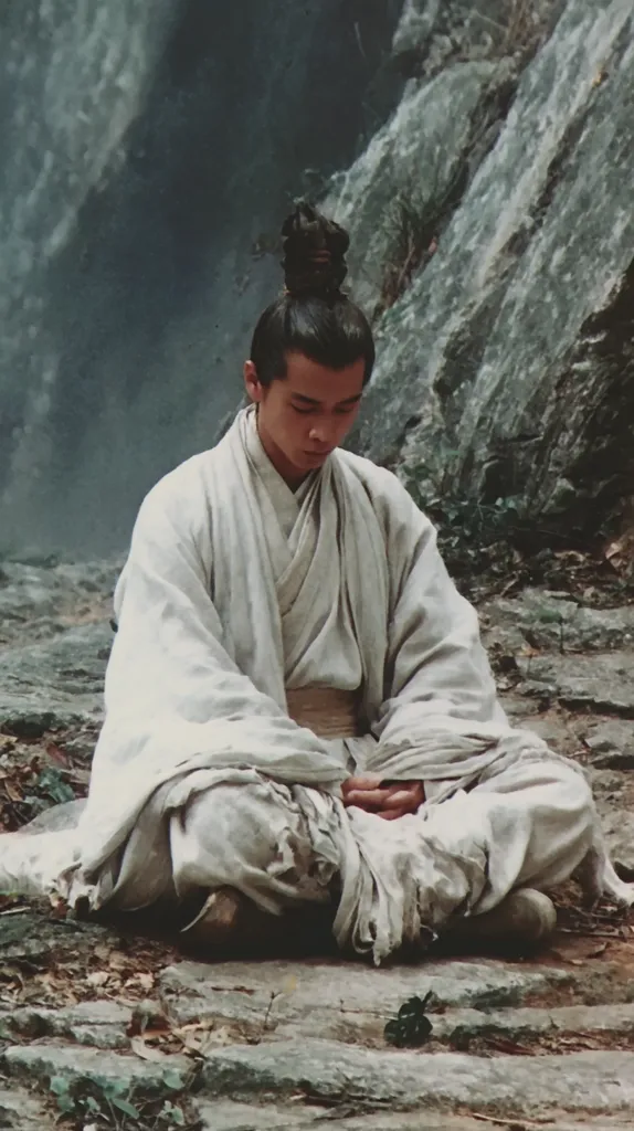 A young man with dark hair tied in a topknot sits cross-legged on a rocky surface, lost in contemplation. He is dressed in a simple, loose-fitting, off-white robe, typical of East Asian attire.  The background features a blurred waterfall and rough-hewn rocks, creating a serene and somewhat isolated atmosphere. His posture suggests peace and quiet reflection.