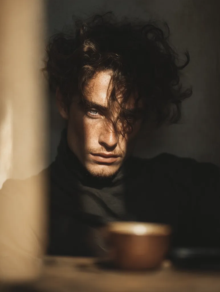 A young man with dark, curly hair sits in shadow, his face partially obscured by his bangs.  Sunlight illuminates one side of his face, highlighting his strong features. He wears a dark turtleneck sweater.  A muted brown mug sits on a table in front of him, adding to the moody atmosphere of the photograph.  The overall image is dramatic and evocative.