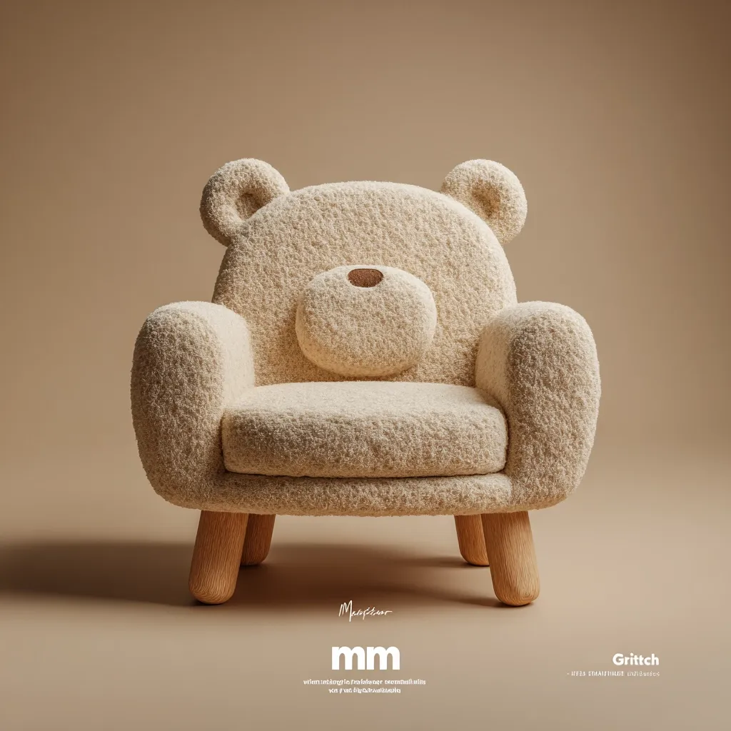A beige teddy bear-shaped armchair sits on a matching background.  The chair is plush and textured, with small wooden legs.  It's a child-sized armchair, designed to be both comfortable and visually appealing. The minimalist design emphasizes softness and playfulness. The brand "mm" and "Grittch" are subtly displayed below.