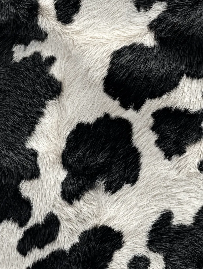 The image shows a close-up view of a cowhide.  The texture is clearly visible, showcasing the soft, hairy surface.  The characteristic black and white patches of a Holstein cow are prominently displayed, creating a striking pattern of contrasting colors and fur density. The overall impression is one of natural texture and animal hide.
