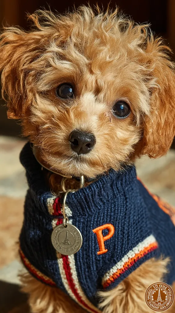 An adorable fluffy brown toy poodle puppy is the focus of this close-up shot.  The puppy is wearing a stylish navy blue sweater with orange and white stripes and a large "P" embroidered on the chest.  A metal charm featuring the Eiffel Tower hangs from its collar. Its expressive eyes and soft fur are highlighted against a blurred background. The overall impression is one of warmth and cuteness.