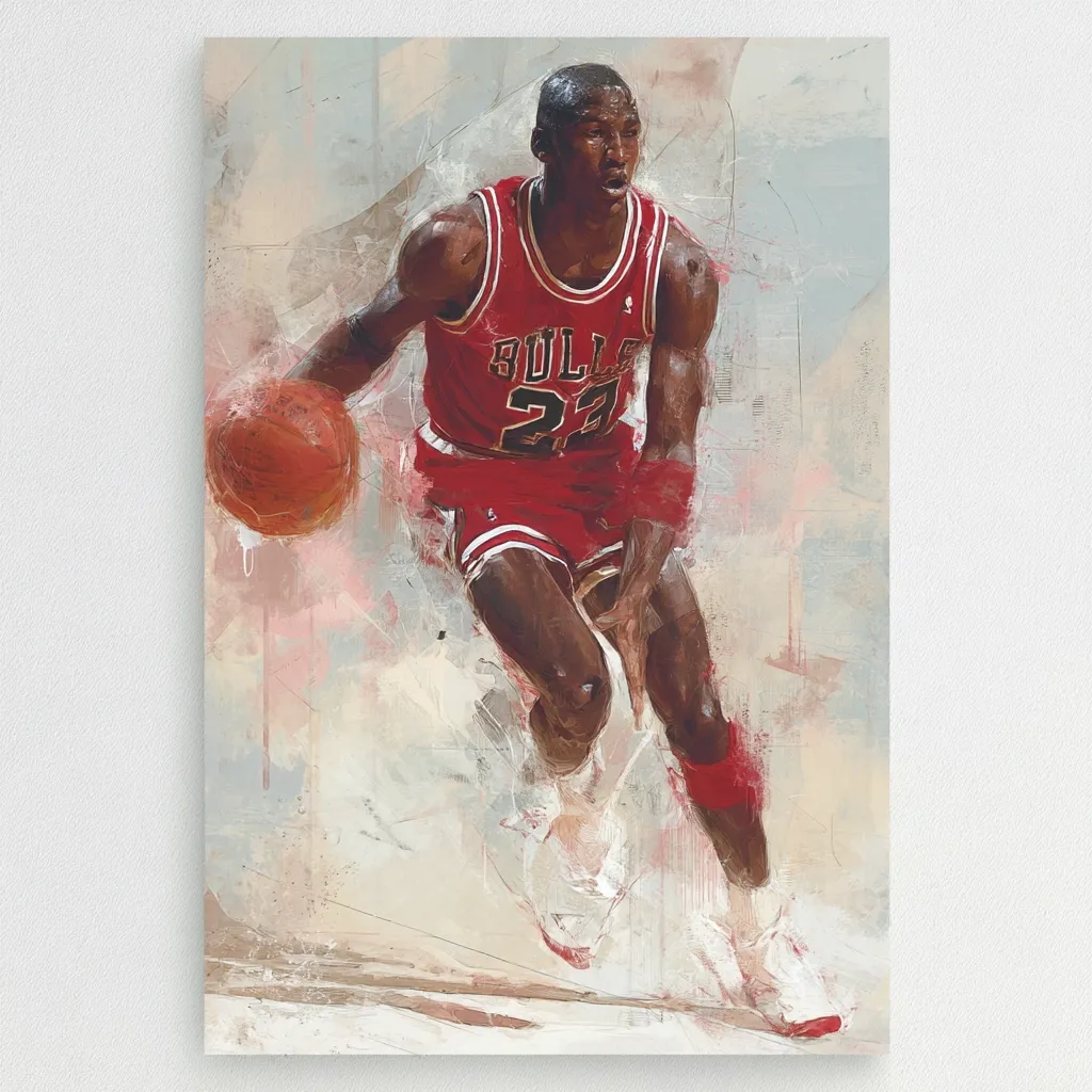 A stylized portrait of Michael Jordan, the iconic Chicago Bulls basketball player, dominates the canvas.  He's depicted in motion, dribbling the ball, his red jersey and focused expression capturing his intensity.  The artistic style uses expressive brushstrokes and a muted color palette, creating a dynamic yet slightly abstract feel.  The overall impression is one of power, grace, and athleticism.