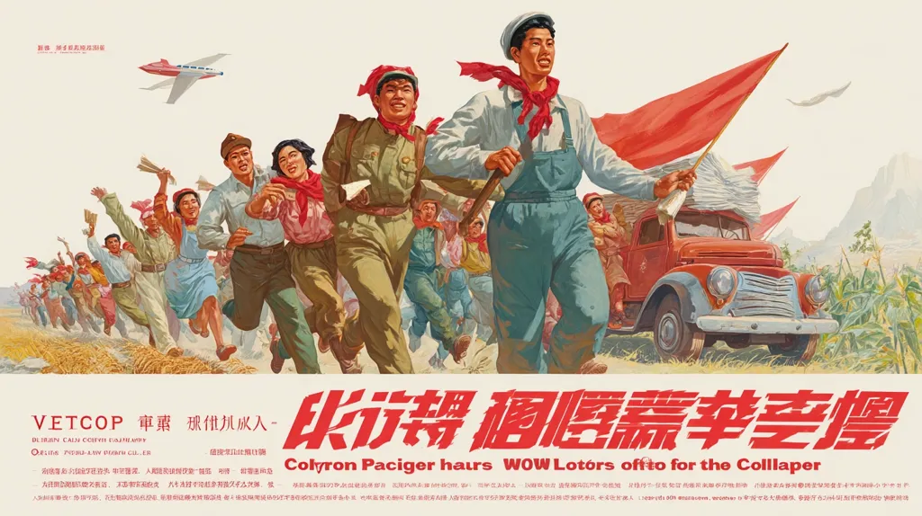 A vibrant propaganda poster depicts a joyous crowd of Chinese people running towards a red truck laden with newspapers, led by a man in overalls.  A jet plane flies overhead, symbolizing progress. The scene is set in a rural landscape, conveying a message of collective effort and national advancement.  Red flags are prominent, highlighting communist ideology. The poster features text in both Chinese and English, possibly advertising a product or event.