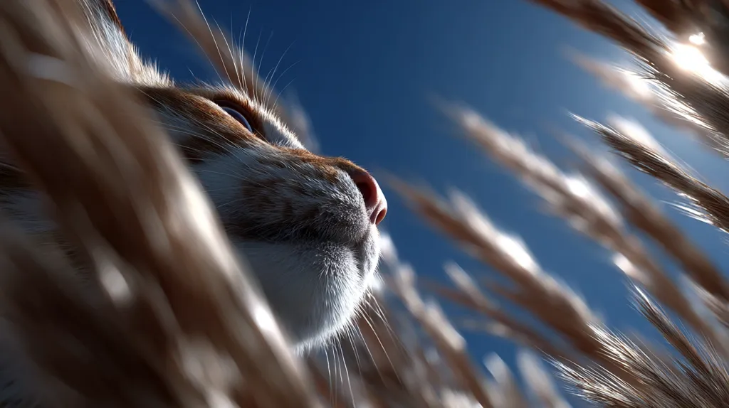 Close-up profile view of a ginger and white cat's face, gazing upward.  The cat is partially obscured by tall, slender grasses silhouetted against a bright blue sky.  The sun's light illuminates the scene, creating a warm, natural feel. The focus is sharp on the cat's face, with the background softly blurred.