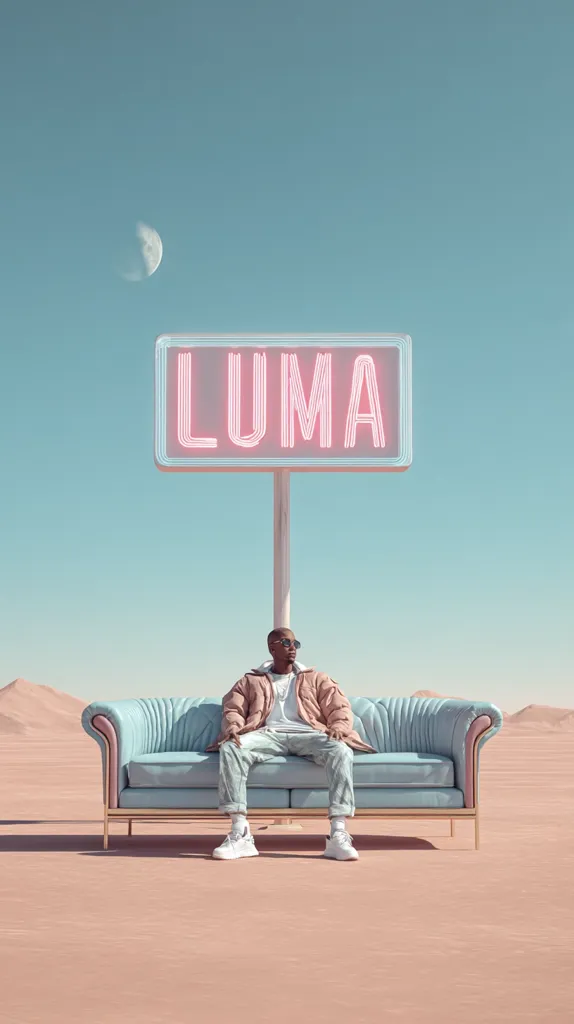 A man sits on a light blue sofa in a desert landscape under a pink neon sign that reads "LUMA."  The sky is a pale blue, and a crescent moon is visible. The scene is surreal and minimalist, with a pastel color palette. The man wears a light brown jacket and white sneakers. The overall aesthetic is calm and somewhat melancholic.