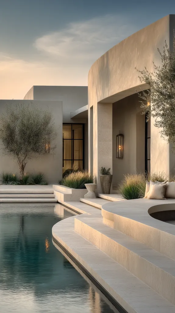 A modern, minimalist home with a curved facade overlooks a tranquil infinity pool.  Light beige stucco walls and large windows create a seamless transition between indoors and outdoors.  Landscaped with olive trees and grasses, the design emphasizes clean lines and natural materials, creating a serene and luxurious atmosphere. The pool's edge features integrated steps leading to a comfortable seating area.