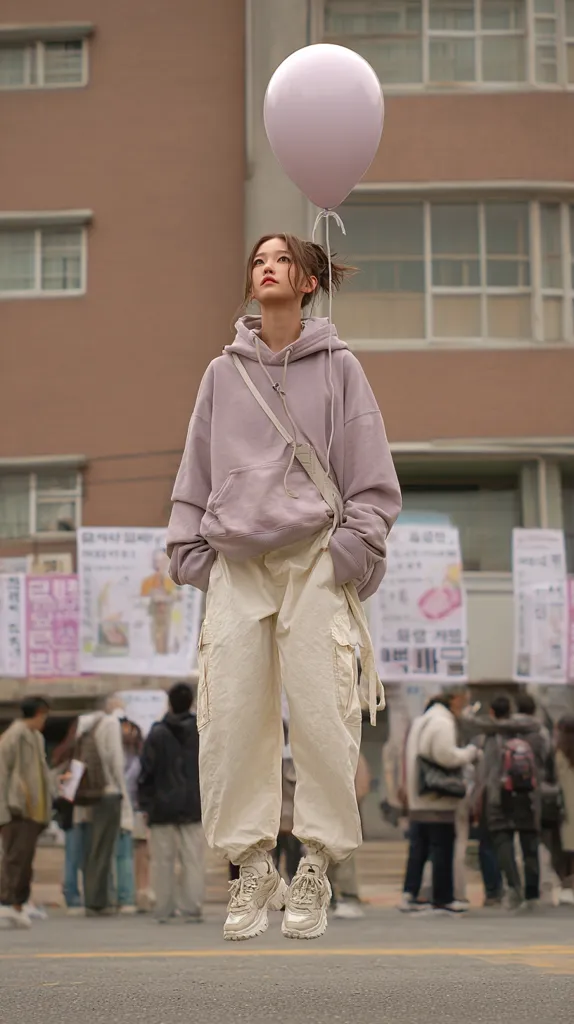 A young woman, seemingly levitating, floats against a backdrop of a school building.  She's dressed in a pale lavender hoodie, cream-colored cargo pants, and light beige chunky sneakers. A light purple balloon is tethered above her head. The overall aesthetic is soft, pastel, and dreamlike, with a crowd of students blurred in the background.