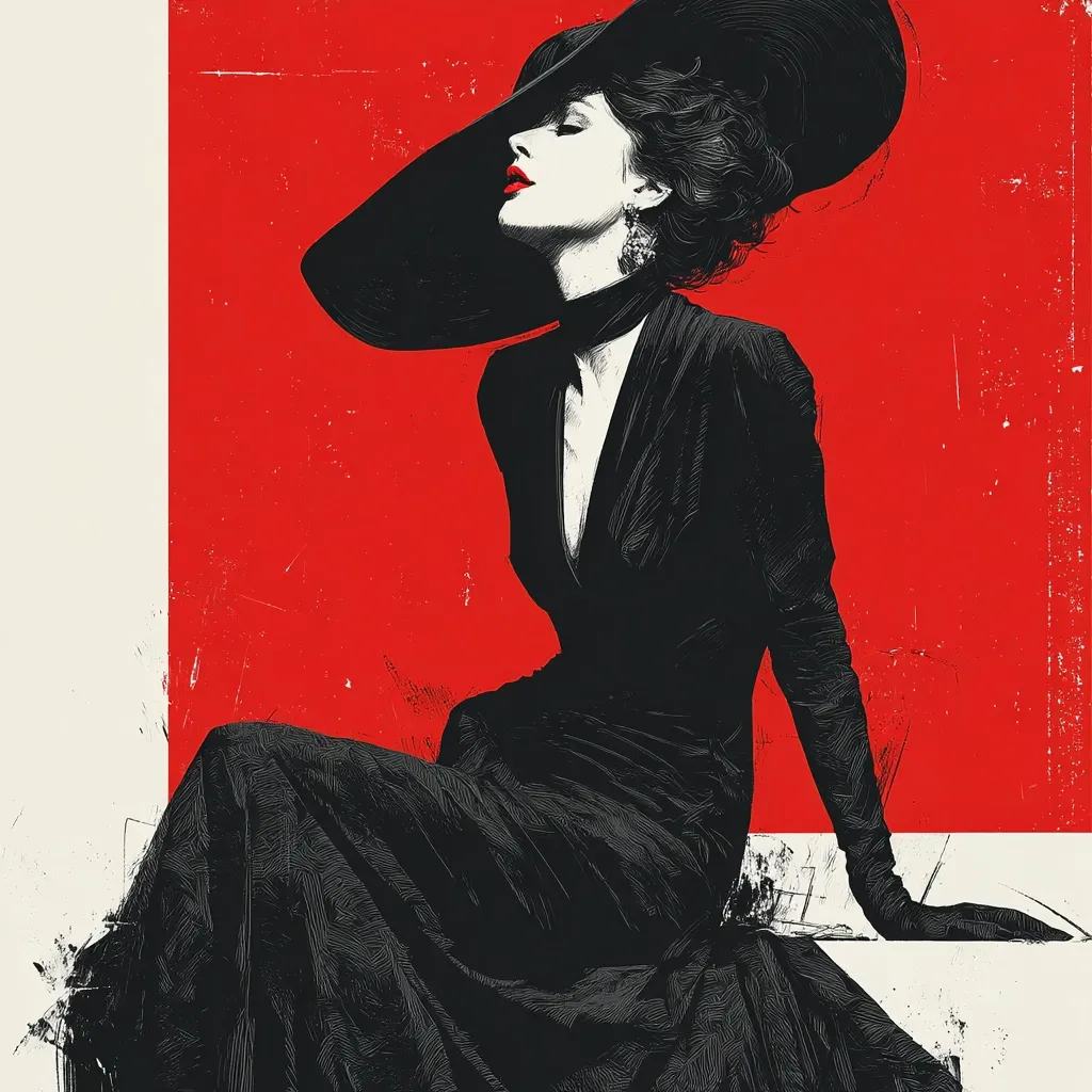 A stylized illustration of a woman in a long black dress and a large black hat. She is seated, her pose elegant and slightly melancholic.  The red background adds a dramatic contrast to her dark attire. The style is reminiscent of vintage fashion illustrations, with a bold use of black and white against a vibrant red backdrop. The image exudes sophistication and a hint of mystery.