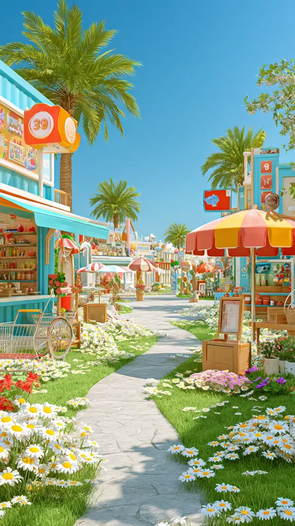 A charming, whimsical street scene unfolds, lined with vibrant pastel-colored shops and flower-filled gardens.  Palm trees sway under a bright blue sky, adding a tropical touch.  Small umbrellas shade charming stalls selling various goods.  A bicycle leans against one of the buildings, adding to the idyllic ambiance. The overall style is cheerful and cartoonish.