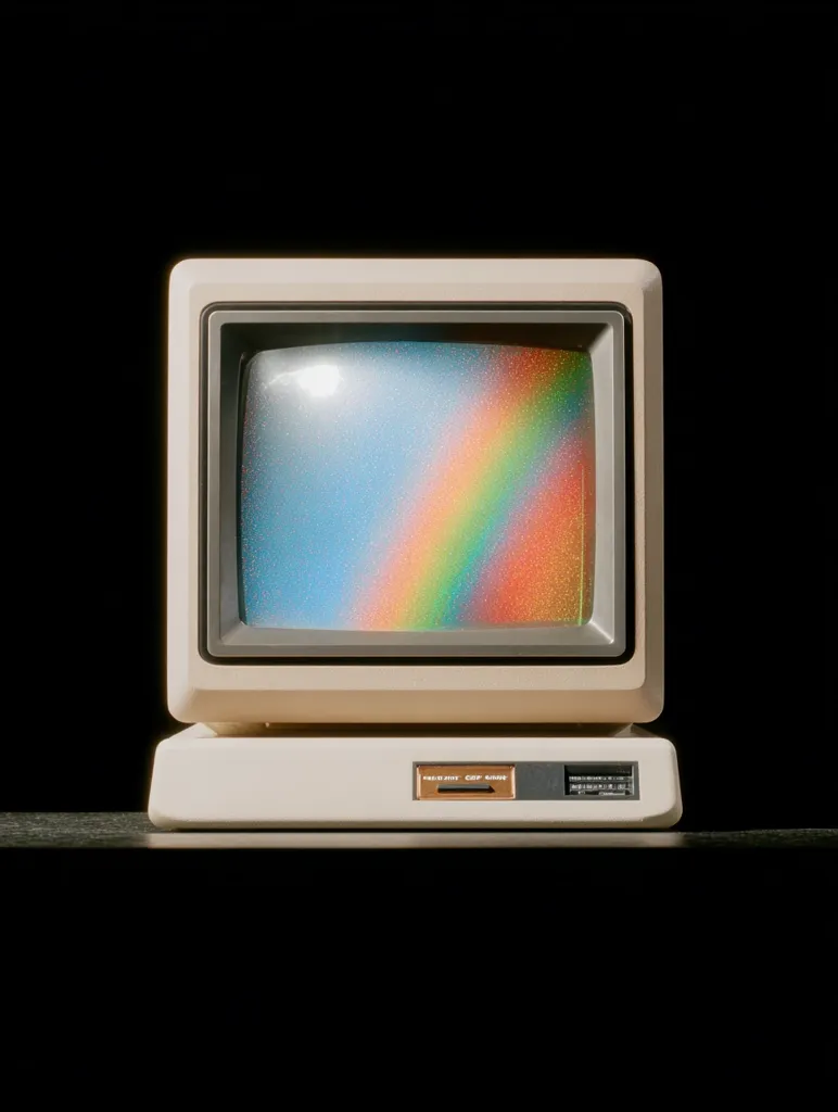 A vintage beige CRT monitor sits on a black surface. Its screen displays a vibrant rainbow effect overlaid on a grainy, blue background, suggesting a nostalgic or retro aesthetic. The monitor has a simple, boxy design with a small control panel below the screen.  The overall image evokes a sense of retro technology and playful imagery.