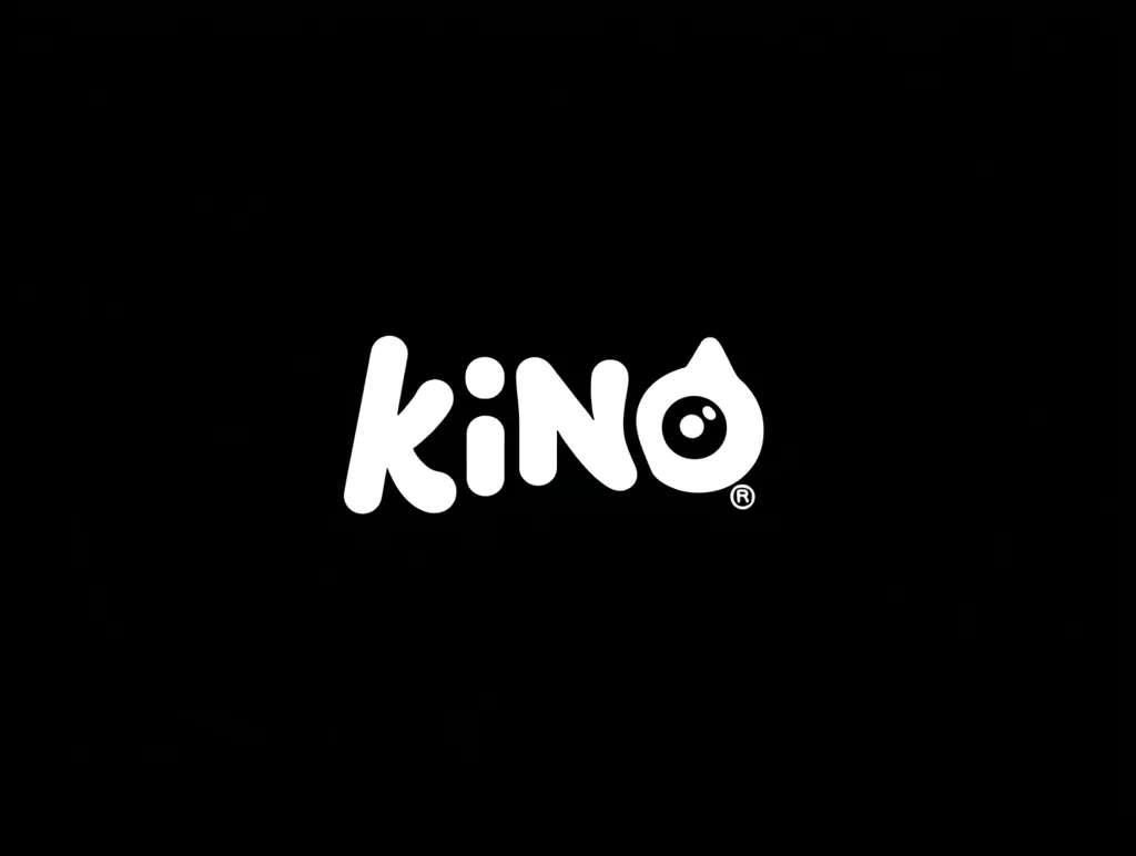 The image displays the Kino logo against a black background.  The logo is white and features the word "kino" in a stylized, playful font. The "o" is uniquely designed as a stylized bubble with a smaller circle inside, adding a visual element of curiosity and playfulness. The registered trademark symbol (®) is subtly placed to the lower right of the logo.