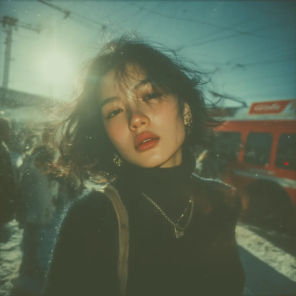A young woman with dark, windblown hair looks directly at the camera.  She wears a dark turtleneck sweater and a delicate gold necklace.  The photo has a vintage, film-like quality with a warm, sunlit glow. A blurry red bus and snowy ground are visible in the background, suggesting an outdoor setting. The overall mood is atmospheric and slightly melancholic.
