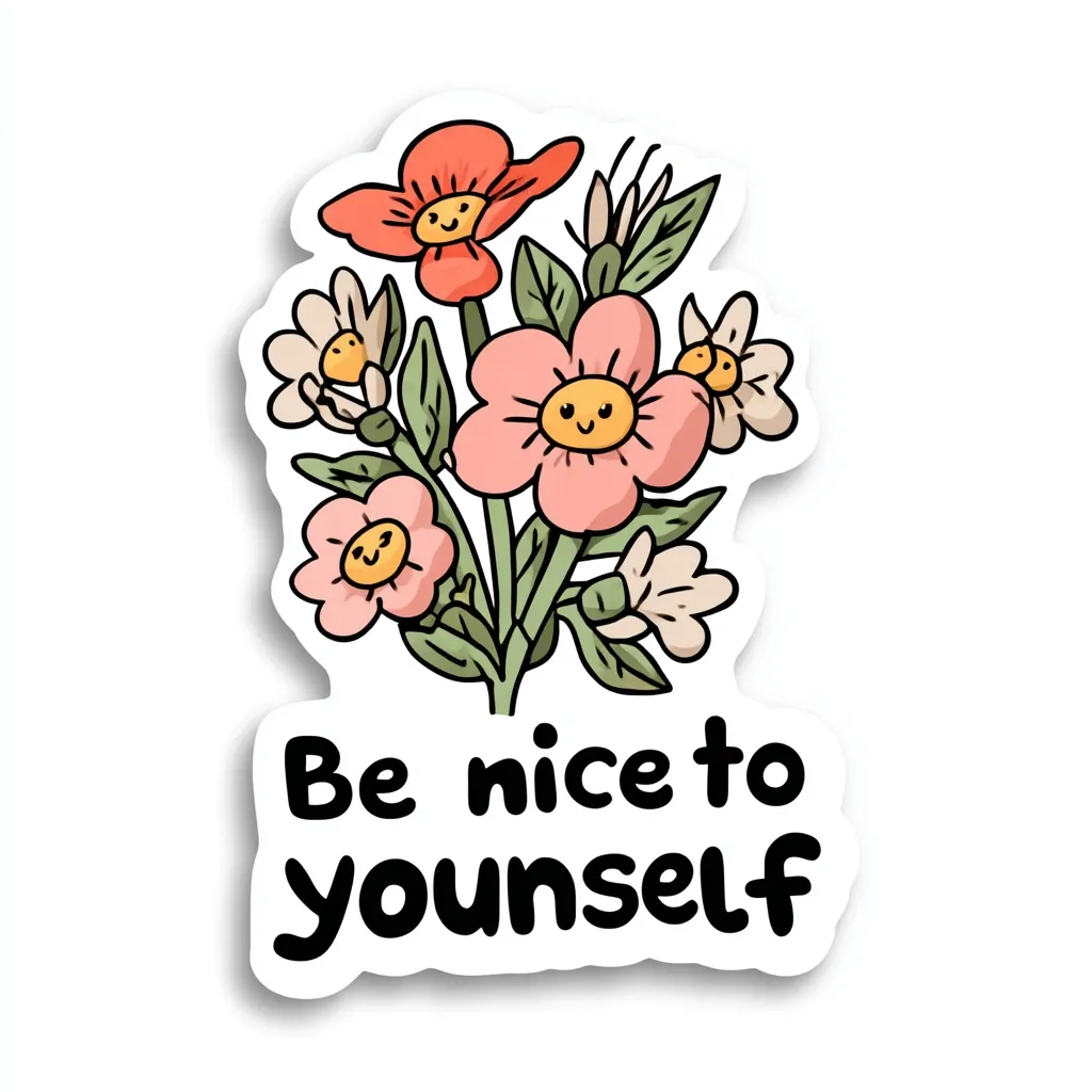 A cheerful sticker features a bouquet of cartoon flowers with happy faces.  The flowers are in shades of pink, orange, and white.  Below the floral arrangement, the phrase "Be nice to yourself" is written in a bold, friendly font. The overall design is bright, positive, and promotes self-care.