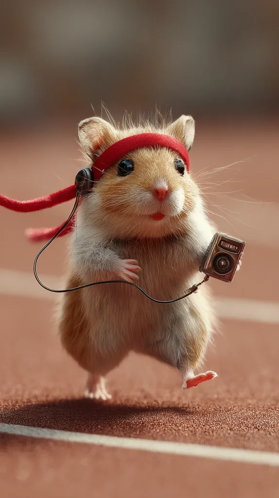 A tiny hamster, wearing a red headband and earphones, runs on a track.  It carries a miniature camera, suggesting a sporty, adventurous spirit. The image is highly stylized, with a focus on the hamster's expressive face and its tiny accessories.  The setting is a blurred-background athletic track, enhancing the dynamic feel.
