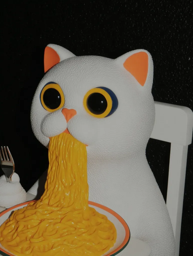 A white cat figurine with large, expressive eyes is depicted eating a plate of bright yellow spaghetti.  The spaghetti spills down its chin and onto the plate.  The cat holds a fork in one paw, and is seated at a white table. The overall style is playful and slightly surreal.
