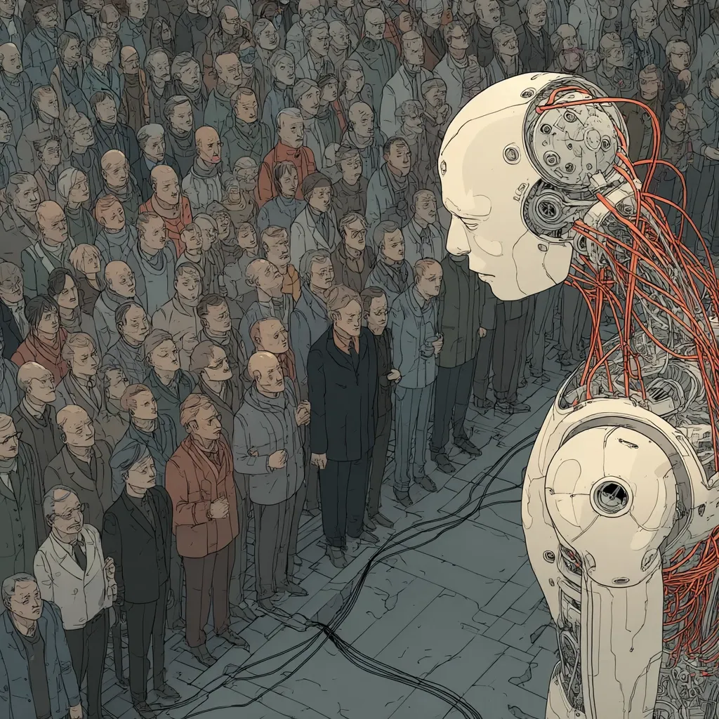 A large crowd of people stands before a towering, intricately detailed android.  The robot's exposed inner workings of wires and mechanics contrast with the somber expressions of the onlookers. The scene is rendered in a detailed, almost graphic novel style, with muted tones and a sense of unease or anticipation. The image suggests a theme of technological advancement and its impact on humanity.