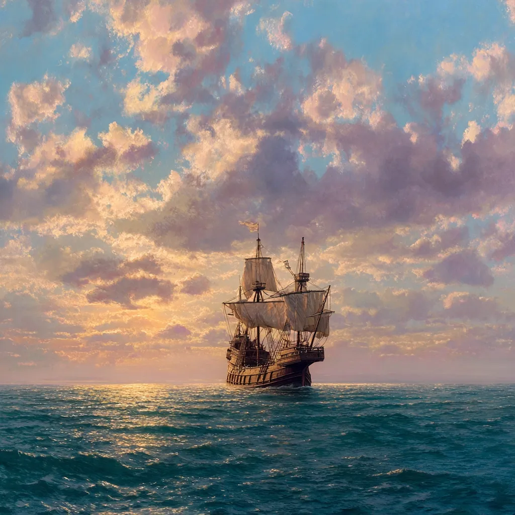 A majestic galleon sails serenely across a tranquil ocean under a breathtaking sunset sky.  The ship, with its full sails, appears to be navigating towards a horizon bathed in warm, pastel hues.  Soft, rolling waves gently caress the hull as the clouds paint the sky with vibrant colors, creating a picturesque scene of maritime exploration and the beauty of nature.