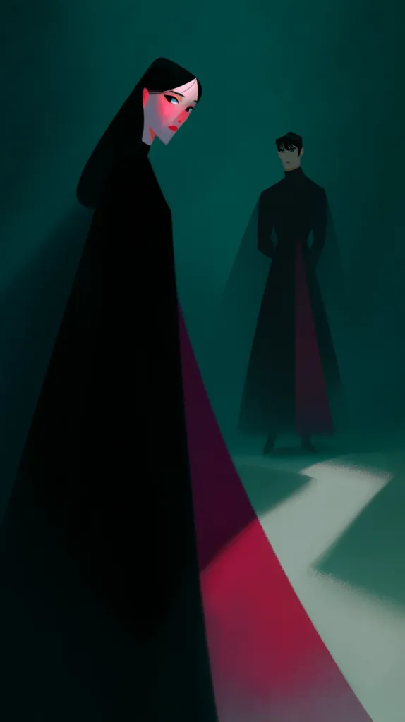 A stylized illustration depicts two figures in long, dark garments against a teal backdrop.  The woman, positioned prominently, has a somber expression. A man stands further back, his posture suggesting aloofness. The color palette is muted, with deep blacks and reds contrasting against the teal background, creating a mood of mystery and separation. The art style is minimalist and graphic, emphasizing form and shadow.