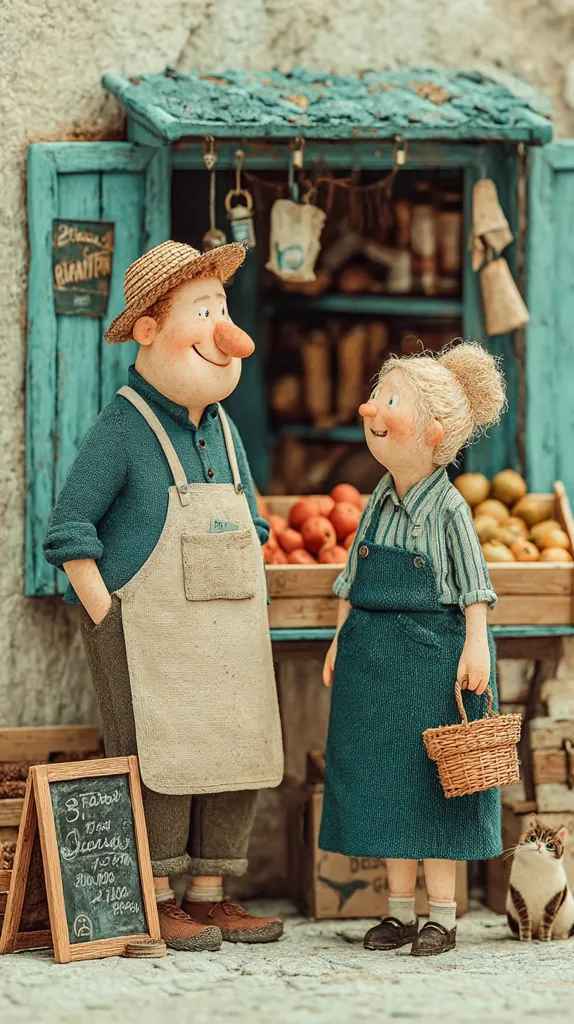 A charming stop-motion animation still depicts a quaint, rustic shop.  A friendly-looking man and woman, crafted with meticulous detail, stand before a display of apples.  The man, wearing a straw hat and apron, seems to be attending to the woman, who holds a small wicker basket. A chalkboard displays handwritten prices, adding to the scene's handmade charm.  A small cat sits nearby, completing the idyllic rural setting.