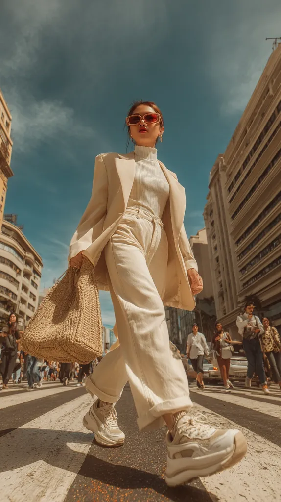 A stylish woman strolls confidently through a city crosswalk, her cream-colored pantsuit and chunky sneakers making a statement.  She carries a large, light-brown woven tote bag, adding to her effortlessly chic look.  The sun shines brightly, casting shadows on the busy street and enhancing the vintage aesthetic of the scene.  Tall buildings line the street, providing a backdrop to her fashionable stride.