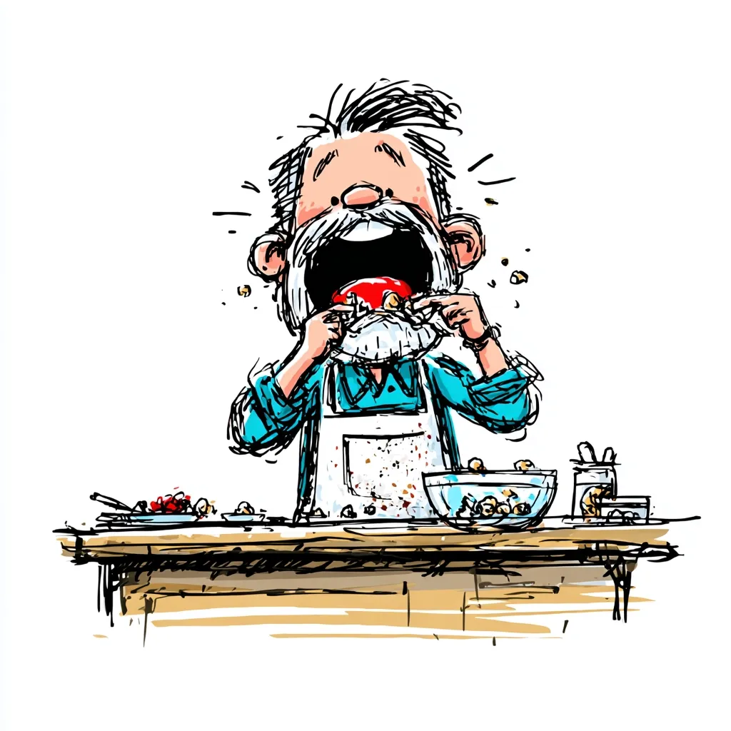 A cartoon man with a large mustache is playfully stuffing pieces of food into his beard while standing at a kitchen counter.  He's wearing a teal shirt and white apron, and various food items are scattered on the counter.  His expression is one of comical enjoyment as he indulges in this messy activity. The style is expressive and slightly chaotic, with bold lines and splashes of color.