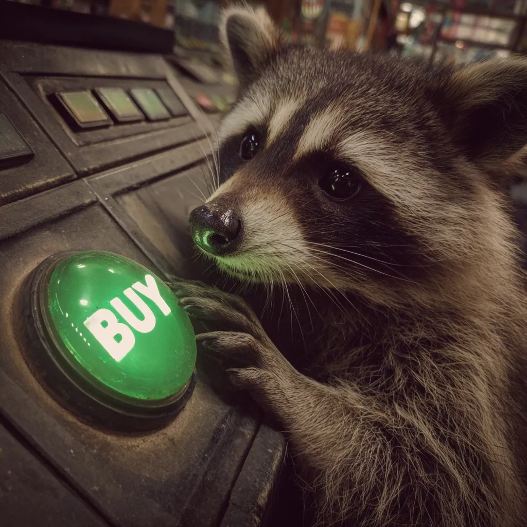 A raccoon sits before a large, green button that reads "BUY" in white letters.  The button is illuminated, and the raccoon appears to be contemplating pressing it. The setting looks like an old-fashioned machine or arcade game, suggesting a humorous scenario of an animal making a purchase. The raccoon's expression is serious and engaging, creating a captivating image.