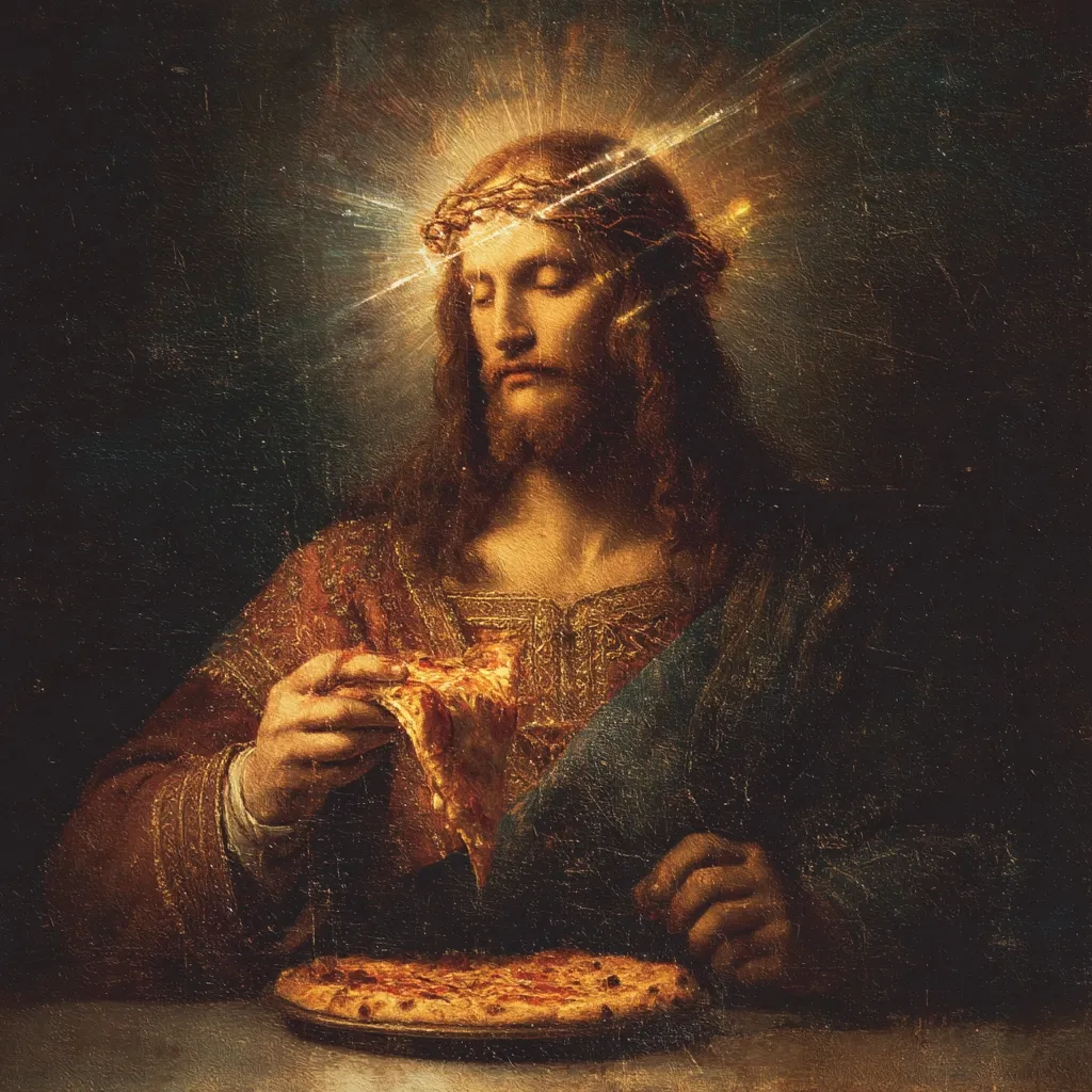 A painting in the style of a Renaissance master depicts Jesus Christ, wearing a crown of thorns and radiating light, enjoying a slice of pizza.  A whole pizza sits on a plate before him.  The image humorously juxtaposes religious iconography with contemporary food, creating a surreal and captivating scene.  The artist's skill in rendering texture and light enhances the painting's impact.