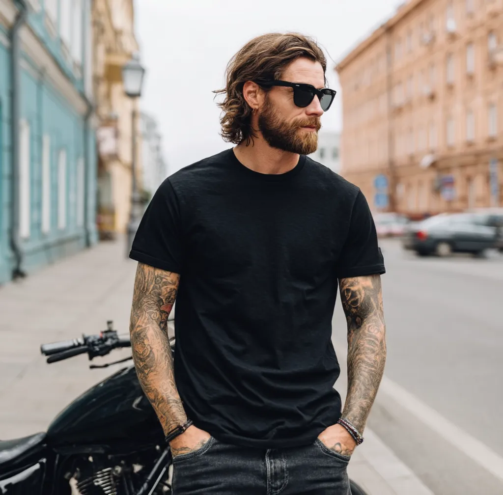A stylish man with long brown hair and a full beard, sports black sunglasses and a plain black t-shirt.  His arms are adorned with tattoos. He stands with hands in his pockets, leaning slightly against a black motorcycle parked on a city street. The background is blurred, showing a European-style city with pastel buildings.  He exudes a cool and confident demeanor.