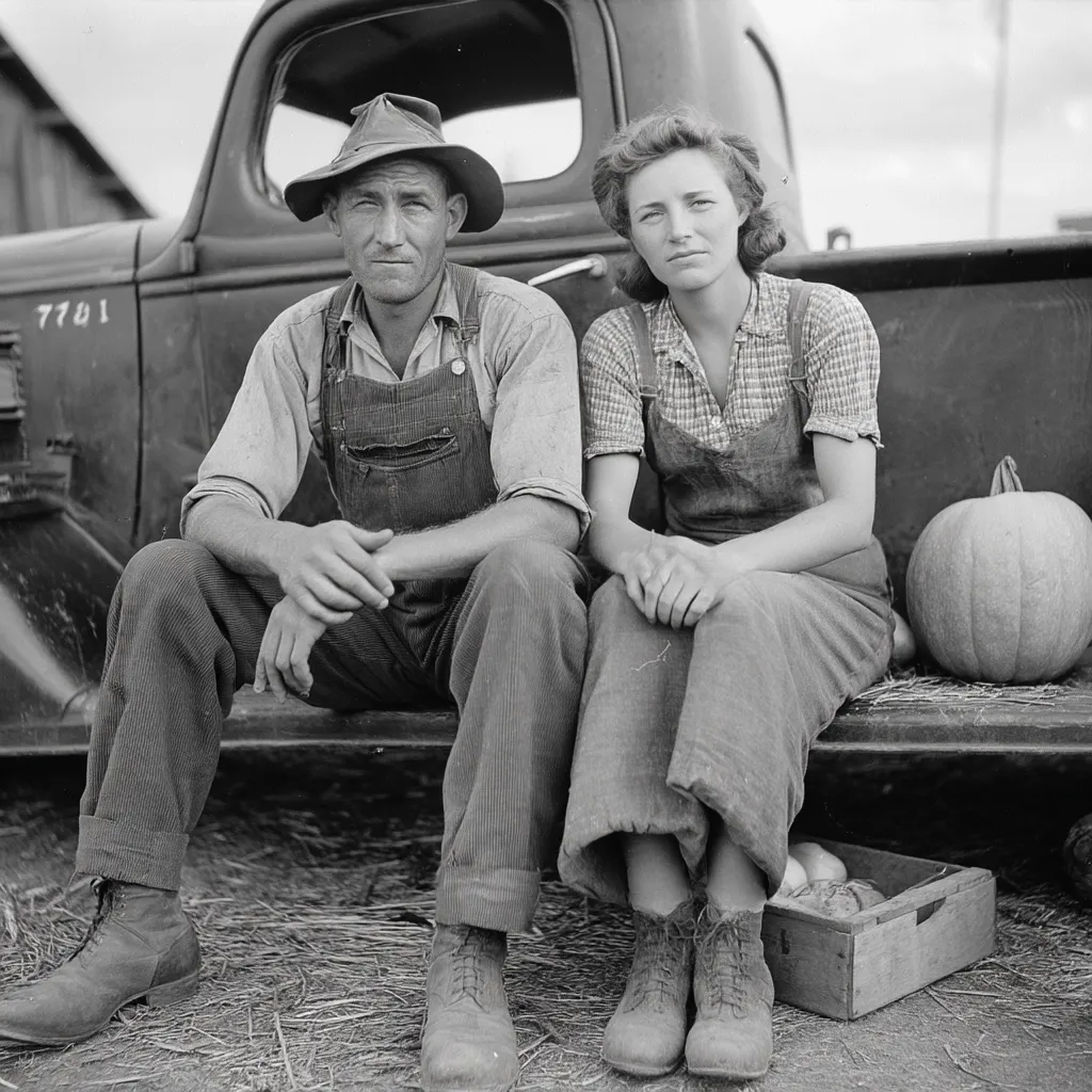 A black and white photograph depicts a man and woman, farmers likely, sitting on the back of a vintage truck.  The man wears overalls and a wide-brimmed hat; the woman wears overalls and a plaid shirt.  A large pumpkin rests beside them on the truck bed, along with a wooden crate containing smaller produce.  The scene suggests a rural setting and a time period in the mid-20th century.  Their posture is relaxed yet serious.