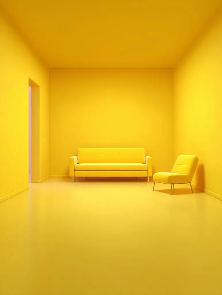 A minimalist room, entirely painted in a vibrant yellow hue.  A yellow sofa and armchair are centrally positioned on the glossy yellow floor.  A partially visible doorway adds depth to the scene.  The overall effect is one of bold, saturated color and simple, modern design. The monochromatic palette creates a striking visual impact.