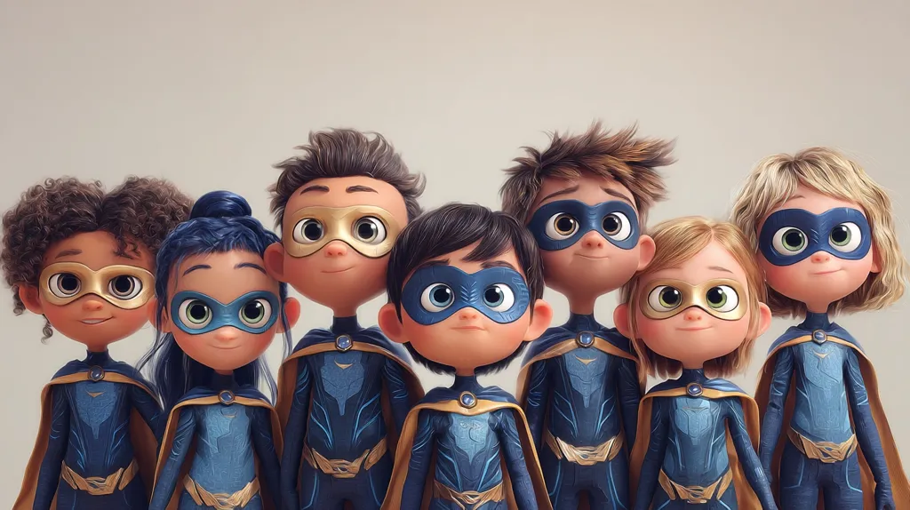 Seven adorable cartoon children, a diverse group of superheroes, stand shoulder-to-shoulder.  Each wears a blue and gold superhero costume complete with a mask. Their expressions are friendly and confident, suggesting teamwork and a shared mission.  The rendering style is 3D, with a focus on expressive eyes and soft features.